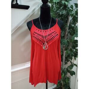 MIHOLL Women's Red Lace Round Neck Cold Shoulder Spaghetti Straps Top Blouse Med